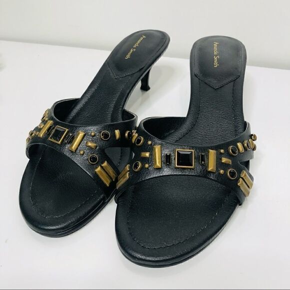 Amanda Smith Black Gold Aztec Beaded Sandals Heels - Picture 1 of 8
